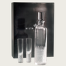 Kindred & Kin Artic crystal vodka decanter and two shot glasses with frosted textured bases in a black gift box.