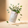 Kindred & Kin Bathorium Eucalyptus Apothecary bath soak pouch surrounded by floating eucalyptus and mint leaves.