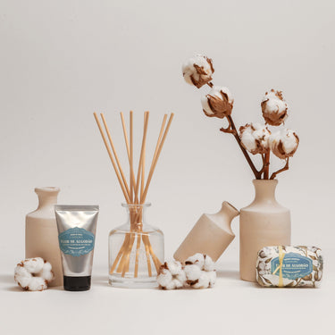 Kindred & Kin Castelbel Cotton Flower gift set with diffuser, hand cream, soap, and decorative cotton stems.