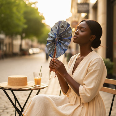 Kindred & Kin blue and white geometric print African fabric folding fan with leather handles.