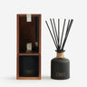 Kindred & Kin matte black glass diffuser with gold accents and wooden box, Ruby Red fragrance