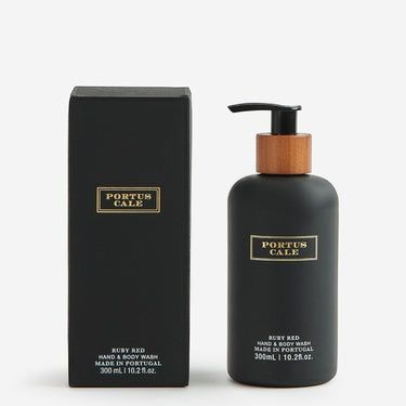 Kindred & Kin Portus Cale Ruby Red Hand & Body Wash, 300ml, with a wooden pump dispenser and gold label.