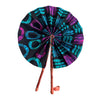 Kindred & Kin foldable fabric fan with African print in teal and magenta on black, featuring wrapped handles.