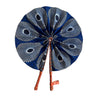 Kindred & Kin blue and white geometric print African fabric folding fan with braided leather handles.