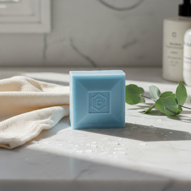 Kindred & Kin Benamôr Gordíssimo nutritive soap bar in light blue with a square embossed logo on a marble surface.