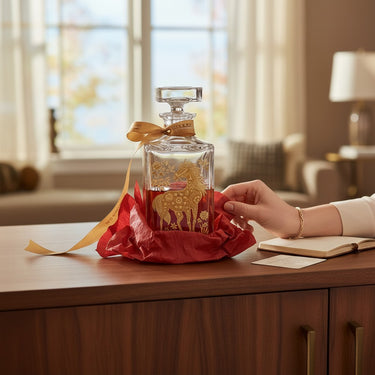 Kindred & Kin crystal whiskey decanter with gold horse motif and floral detailing, 27 oz capacity, hand wash recommended.