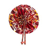 Kindred & Kin foldable fabric fan with red, white, and yellow abstract pattern and leather handle.