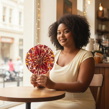 Kindred & Kin foldable fabric fan with red, white, and yellow abstract pattern and leather handle.