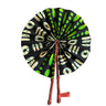 Kindred & Kin black folding fan with abstract lime green and cream pattern, leather handles.