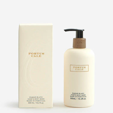 Kindred & Kin Hajjar Blanc Hand & Body Wash in a cream bottle with a wooden accent pump, 300ml.