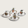 Kindred & Kin Vista Alegre x Christian Lacroix porcelain coffee cup set with surrealist character illustrations.